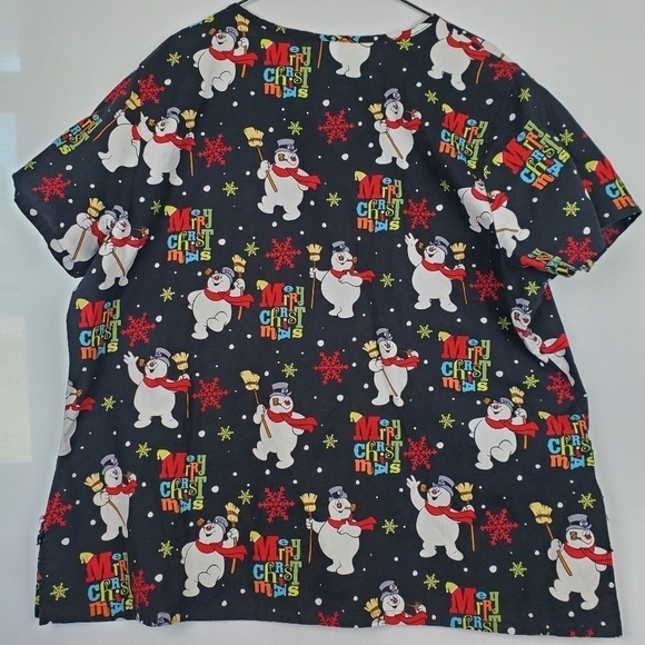 Frosty the Snowman Womens Size XXLarge Merry Christmas Black Nursing Scrub Top - Picture 2 of 3